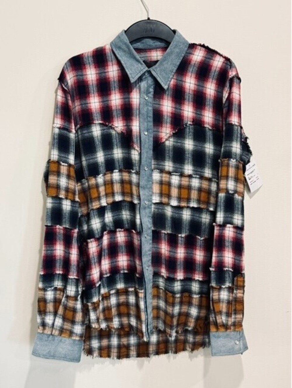 NEW Six Week Residency Mens M Reconstructed Flannel Shirt Raw Hem Patchwork Plai